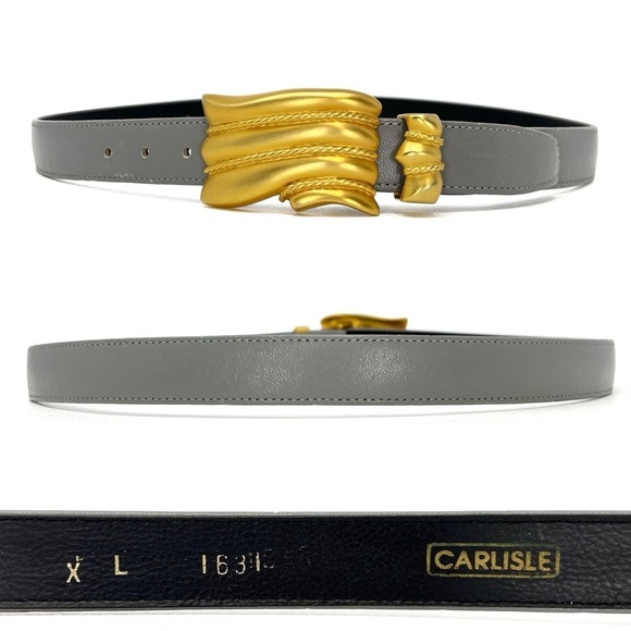 Vintage Carlisle Belt Women’s Size  Medium Gray Leather Chunky Gold-tone Buckle